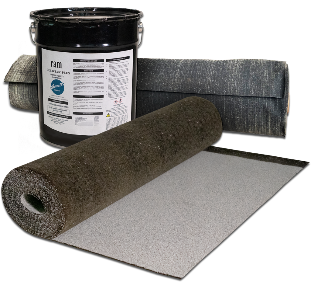 Pictured (from back to front): Ram 40 Trilaminate Polyester/Fiberglass Reinforcement Fabric; Ram Cold Tar® Plus Coal Tar Fortified Asphalt; Ram 306 Granular Cap Sheet (White)